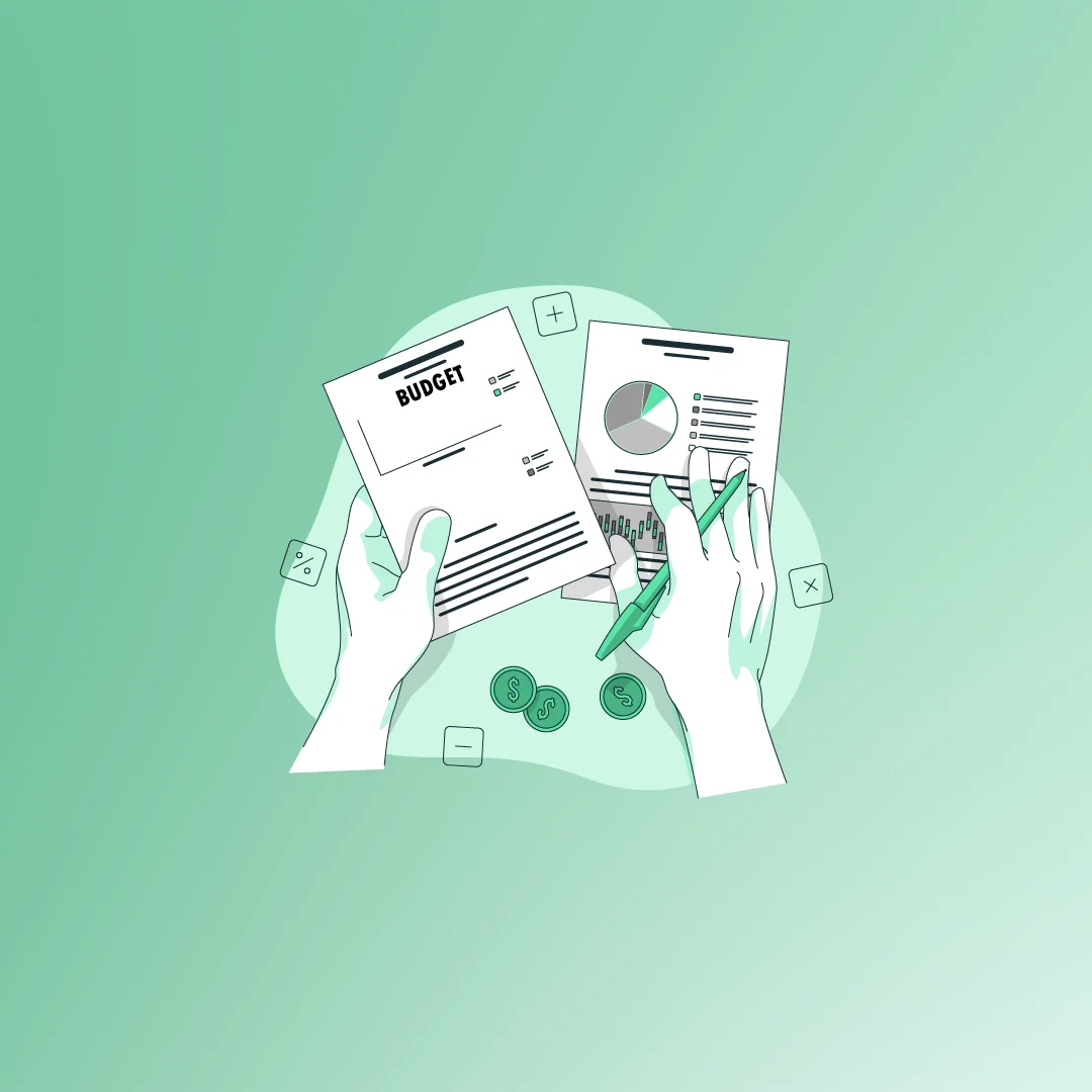 Hands holding budget documents and financial charts, with money and calculator icons in the background on a green gradient.